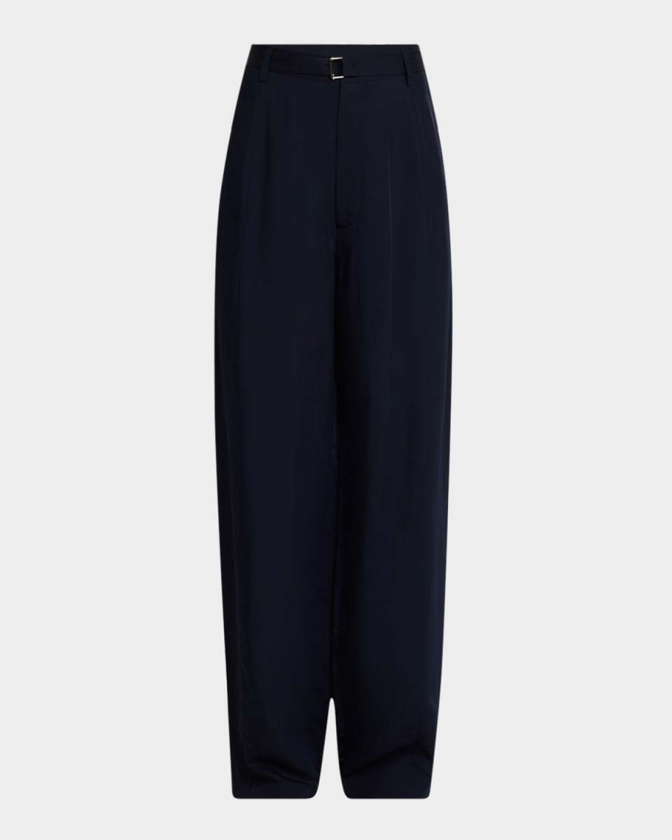 Drop-Crotch Pleated Straight-Leg Pants With Belt